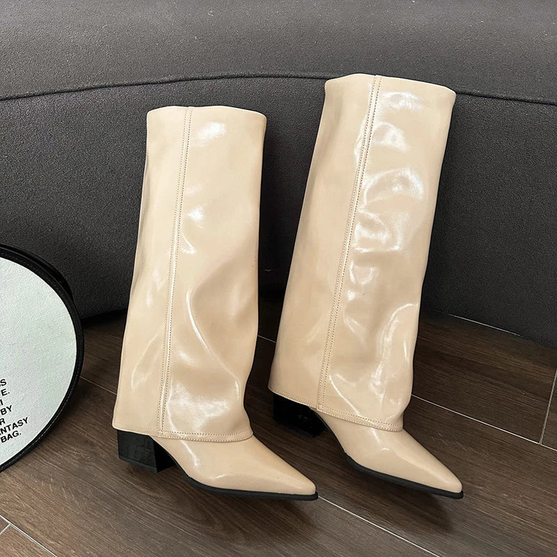 High Heel Block Boots Khaki Leather