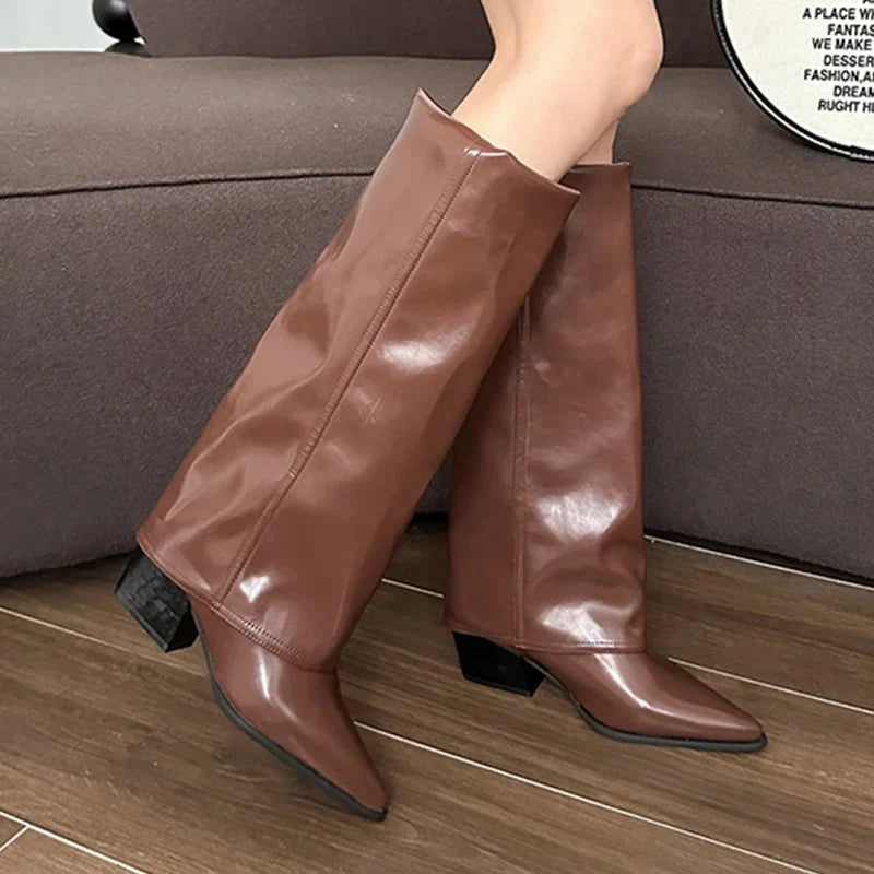 High Heel Block Boots Brown