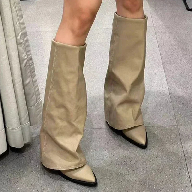 High Heel Block Boots Khaki
